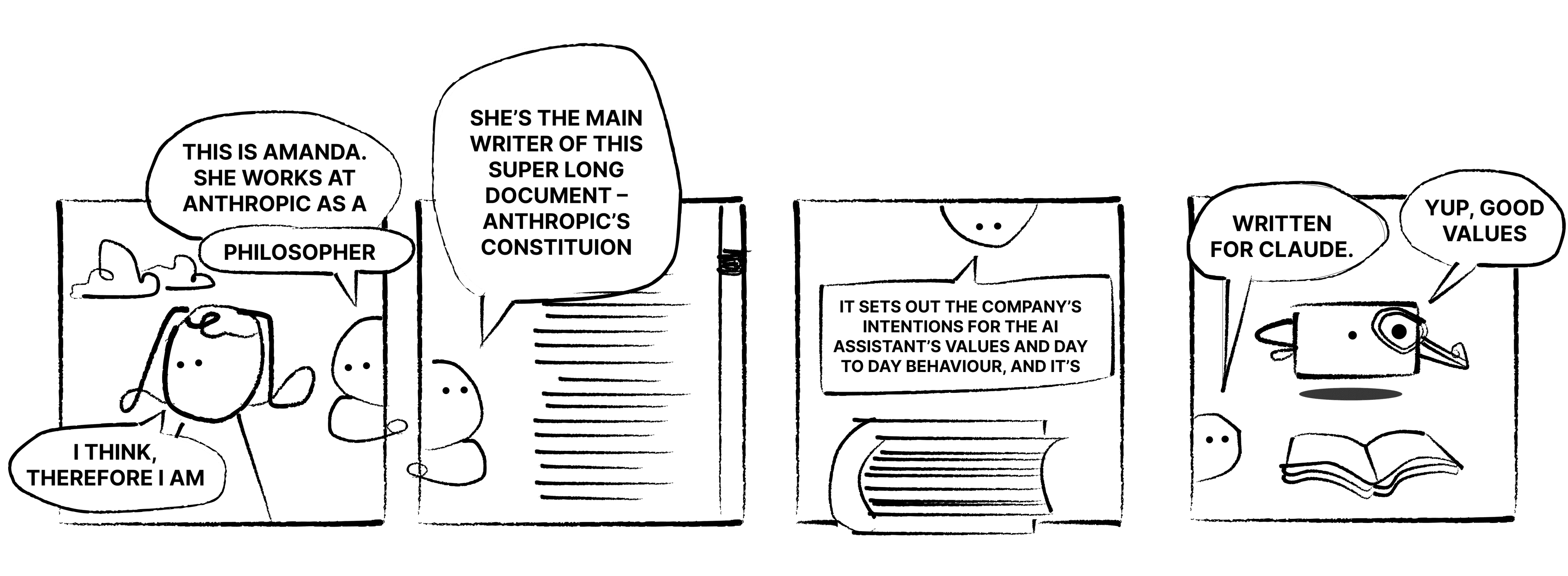 Hand-drawn illustration of Amanda, a philosopher at Anthropic, and Anthropic's Constitution written for Claude